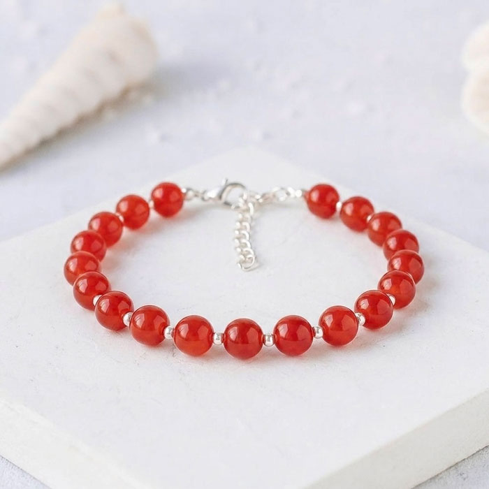 925 Sterling Silver Bracelet , 6mm Natural Red Agate Bracelet