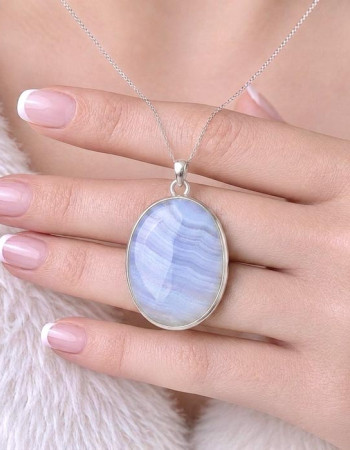 925 Natural Blue Chalcedony ( Lace Agate ) Stone Pendant