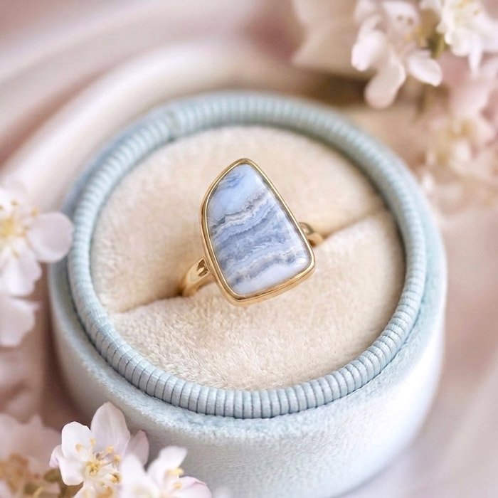 925 Natural Blue Chalcedony ( Lace Agate ) Stone Ring