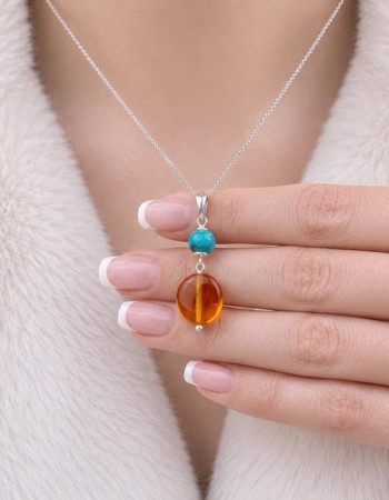 Multi Stone Pendant , 925 Silver Natural Turquoise  & Amber Pendant