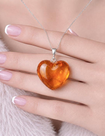 925 Silver Natural Baltic Amber Pendant -  Heart of Love