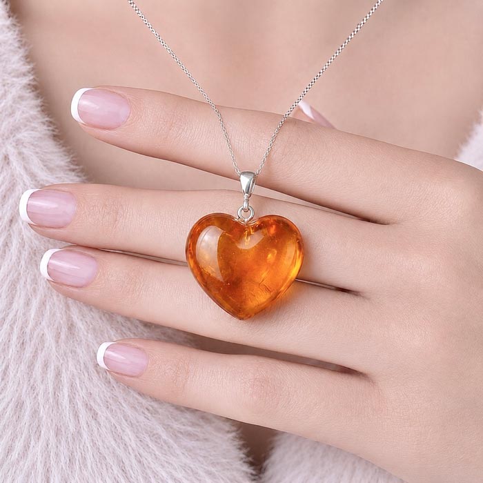 925 Silver Natural Baltic Amber Pendant -  Heart of Love