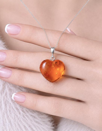 925 Silver Natural Baltic Amber Pendant -  Heart of Love