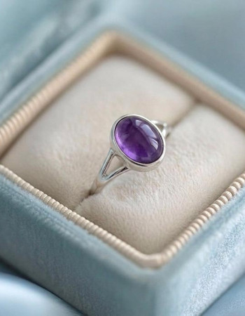 925 Silver Natural Amethyst Stone Ring - Oval Shape