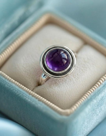 925 Silver Natural Amethyst Stone Ring - Circule Shape