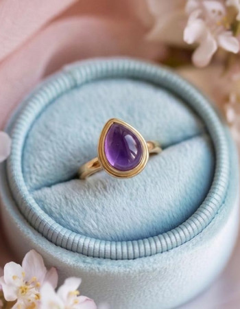 925 Silver Natural Amethyst Stone Ring - Drop Shape