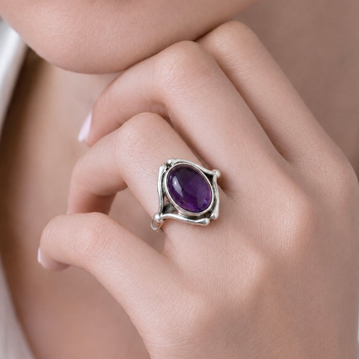 925 Silver Natural Amethyst Stone Ring - Drop Shape
