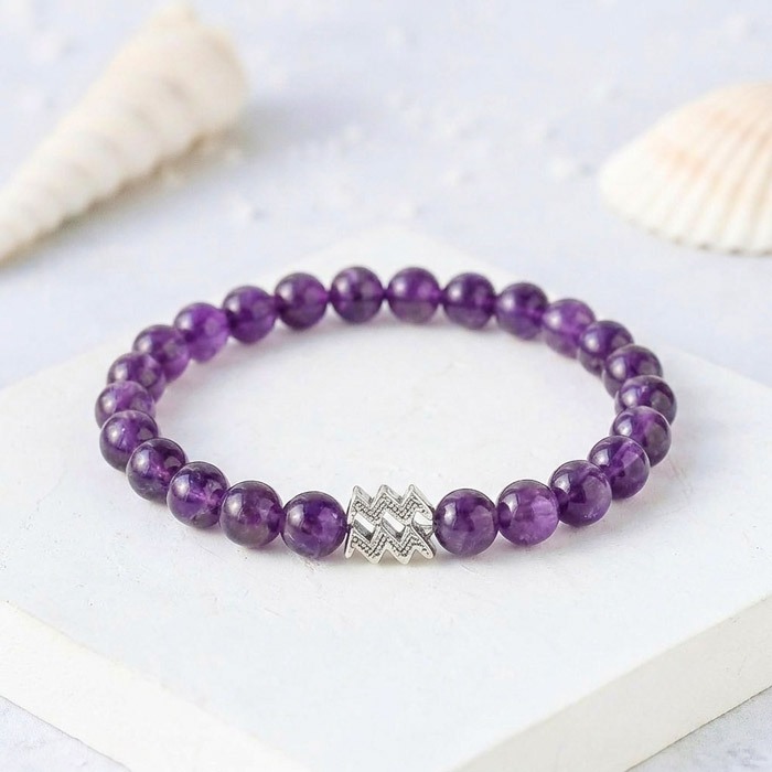 6mm Natural Amethyst Bracelet - Zodiac Sign can be added to the bracelet