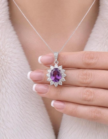 925 Silver Natural Amethyst Neklcace - No: 9000