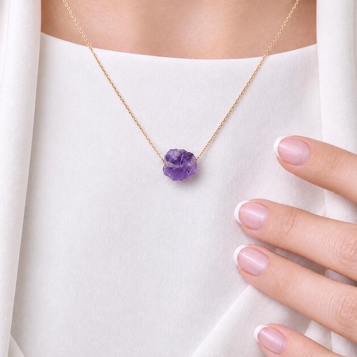 925 Silver Natural Amethyst Stone Pendant - Raw Shape