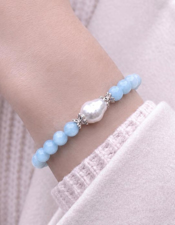Natural Gemstone + Pearl Bracelet , 6 mm Natural Aquamarine Bracelet With Pearl - No : BR0100