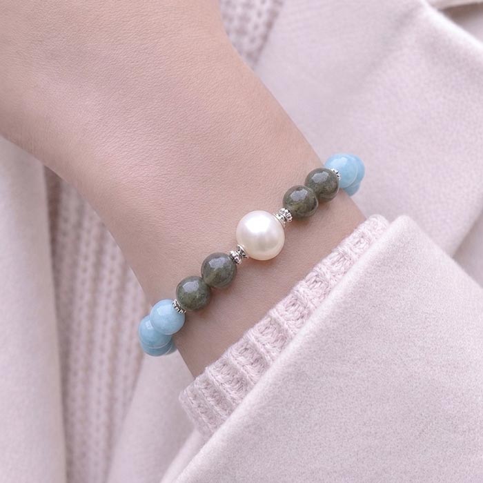 8mm Akuamarin , Labradorit & İnci Bileklik