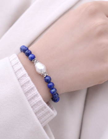Natural Gemstone + Pearl Bracelet , 6 mm Natural Lapis Lazuli Bracelet With Pearl - No : BR0100