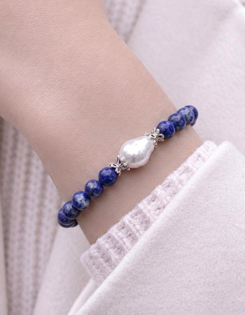 Natural Gemstone + Pearl Bracelet , 6 mm Natural Lapis Lazuli Bracelet With Pearl - No : BR0100