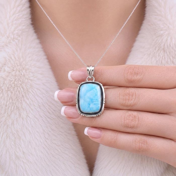 925 Silver Natural Larimar Stone Pendant