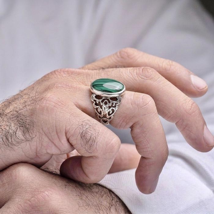 925 Silver Natural Malachite Stone Ring  - Men Ring