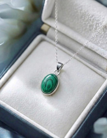 925 Silver Malachite Stone Pendant - Oval Shape