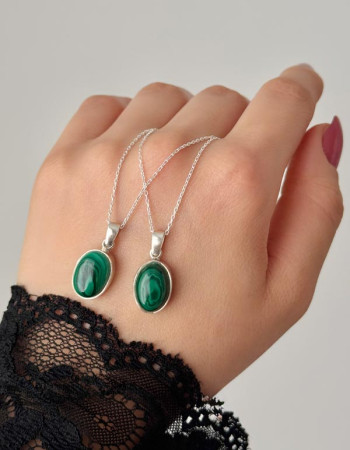 925 Silver Malachite Stone Pendant - Oval Shape