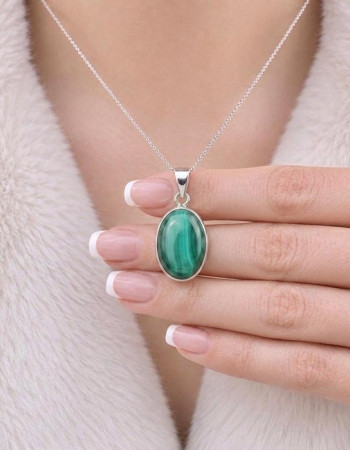 925 Silver Malachite Stone Pendant - Oval Shape