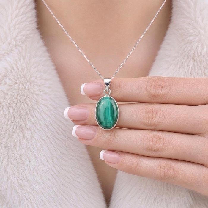 925 Silver Malachite Stone Pendant - Oval Shape