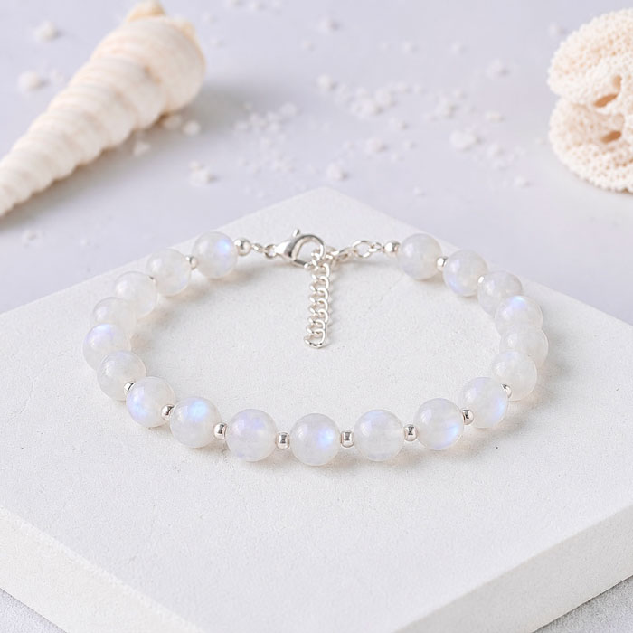 925 Sterling Silver - 6 mm Natural Moonstone Bracelet