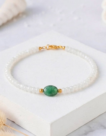 4 mm Natural Moonstone Bracelet With Emerald- No : BR004