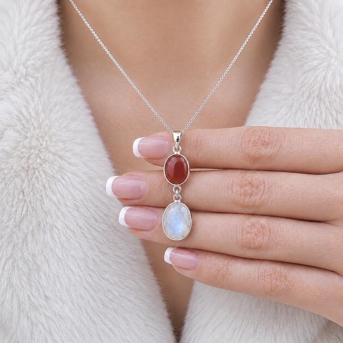Multi Stone Pendant , 925 Silver Natural Red Agate & Moonstone Pendant