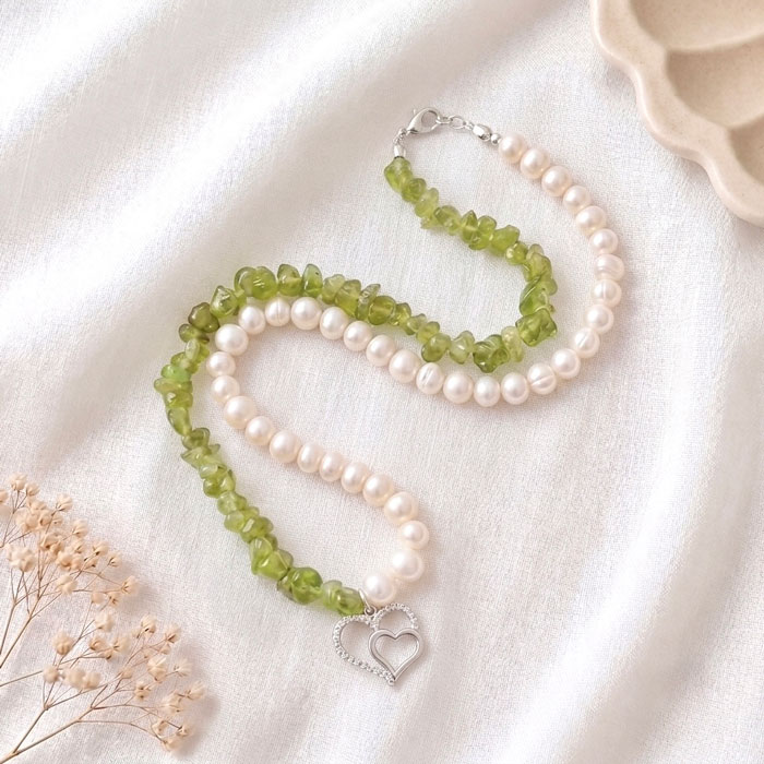 925 Silver Natural Peridot & Pearl Necklace
