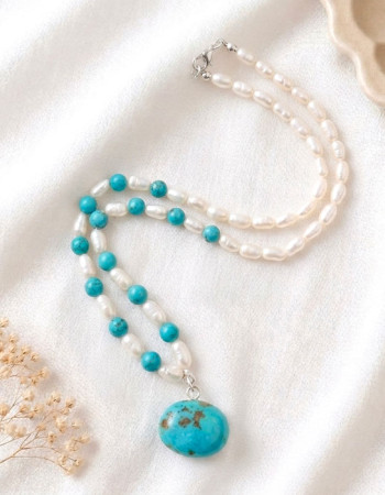 925 Silver Natural Turquoise & Pearl Necklace