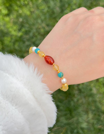 Multi Stone Bracelet , 6 mm Citrine , Red Agate , Pearl & Turquoise Bracelet