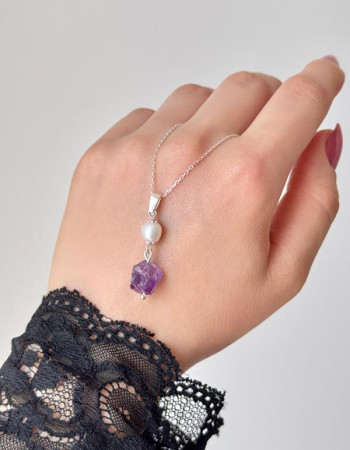 925 Sterling Silver Amethyst & Pearl Stone Necklace