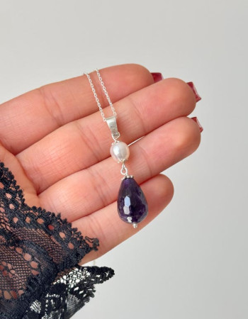 925 Sterling Silver Amethyst & Pearl Stone Necklace