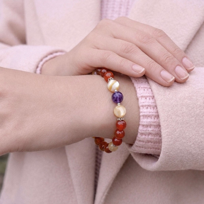 Multi Stone Bracelet , 8mm Red Agate , Amethyst & Mother of pearl Stones Bracelet