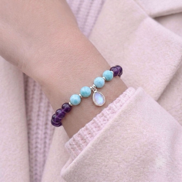 Multi Stone Bracelet , 8mm Amethyst , Larimar & moonstone Bracelet