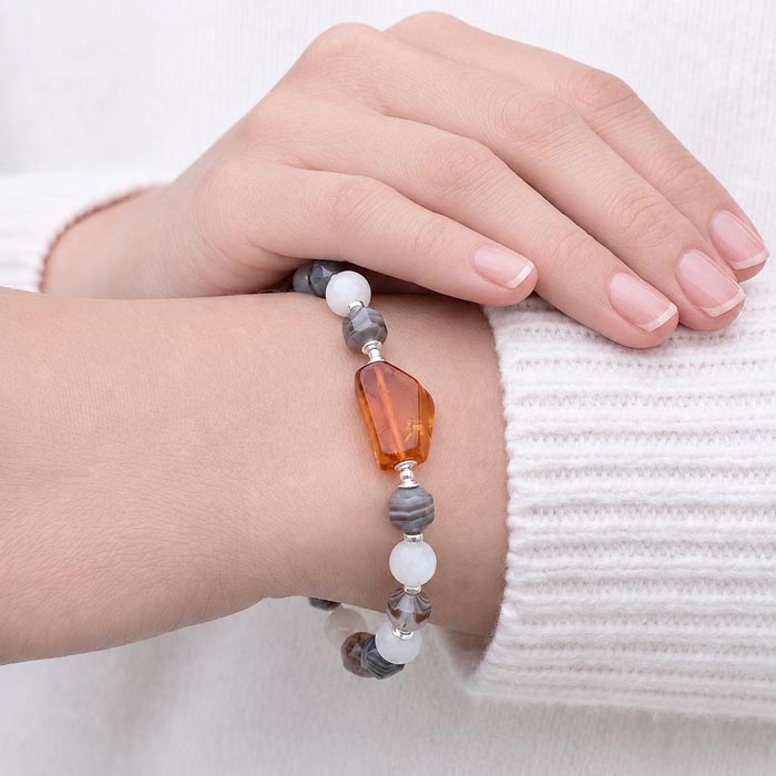 Natural Moonstone , Botswana Agate & Amber Bracelet