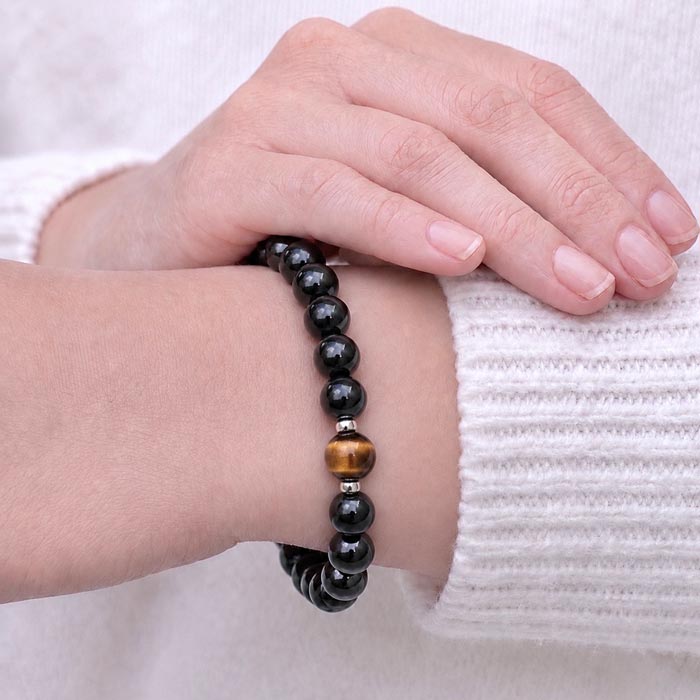 أسورة بفواصل فضة أصلية من حجر الأونيكس ( الجزع الأسود ) وحجر عين النمر