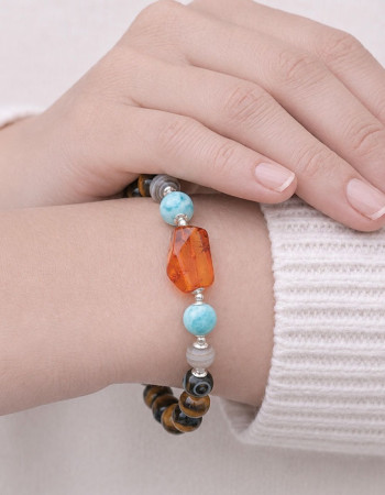 8mm Kaplan Gözü , Botsvana Akik , Larimar & Kehribar Bileklik