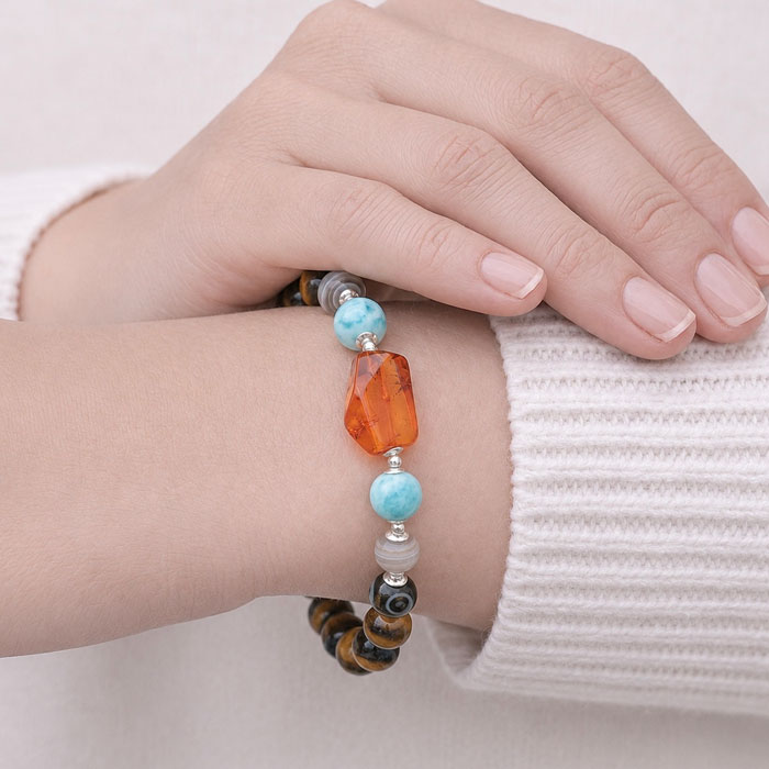 Multi Stone Bracelet , 8mm Natural Tiger Eye , Botswana Agate , Larimar & Amber Bracelet