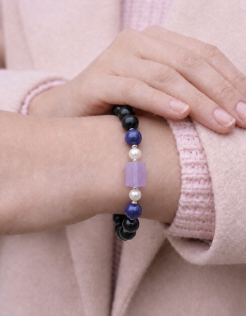 Multi Stone Bracelet , 8mm Black Onyx , Lapis Lazuli, Pearl & Ametrine Bracelet