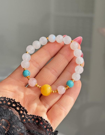 Multi Stone Bracelet – 8mm Moonstone, Turquoise, Rose Quartz & Amber Stones