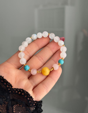 Multi Stone Bracelet – 8mm Moonstone, Turquoise, Rose Quartz & Amber Stones