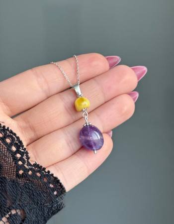 925 Sterling Silver Amethyst & Amber Stone Necklace