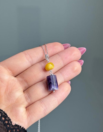 925 Sterling Silver Amethyst & Amber Stone Necklace