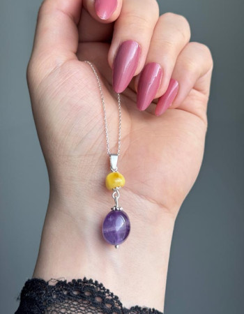 925 Sterling Silver Amethyst & Amber Stone Necklace