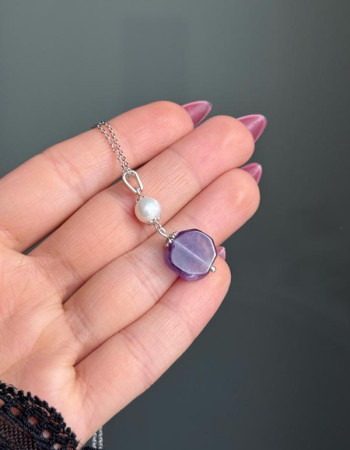 925 Sterling Silver Amethyst & Pearl Stone Necklace