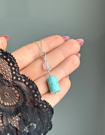 925 ayar Gümüş Pembe Kuvars & Amazonit Taşlari Kolye