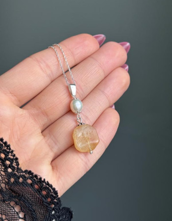 925 Sterling Silver Citrine & Pearl Pendant - Couple Stone