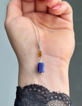 Multi Stone Necklace , 925 Sterling Silver Natural Tourmaline & Lapis Lazuli
