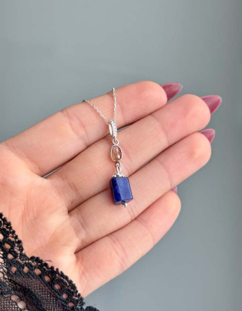 Multi Stone Necklace , 925 Sterling Silver Natural Tourmaline & Lapis Lazuli