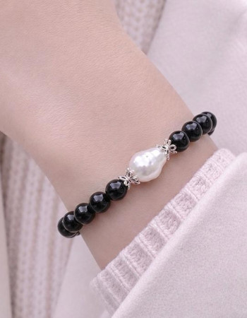 Natural Gemstone + Pearl Bracelet , 6mm Natural Black Onyx & Pearl Bracelet - No : BR0100